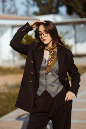 Blazer Croisé & Pantalon Large – Marron Chocolat Noir – Nouvelle Collection Noblesse