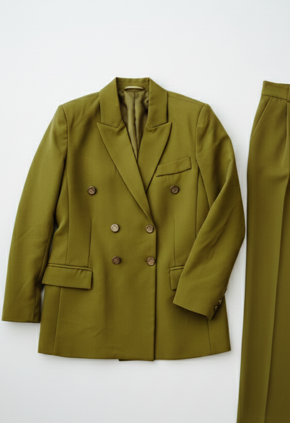 Blazer Croisé & Pantalon Large – Vert Olive– Collection Noblesse