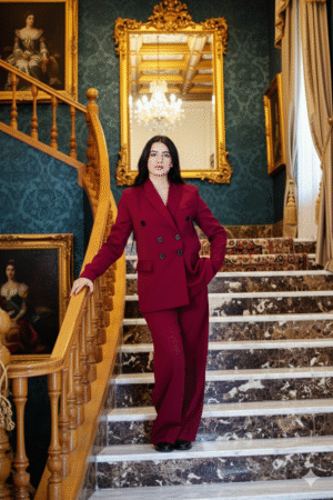 Blazer Croisé & Pantalon Large - Rouge Burgundy - Nouvelle Collection Noblesse