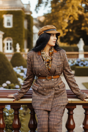 Blazer Croisé & Pantalon Large – à Carreaux – Élégance Intemporelle