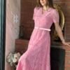 Robe Midi en Dentelle Guipure  Rose avec Boutons Diamond