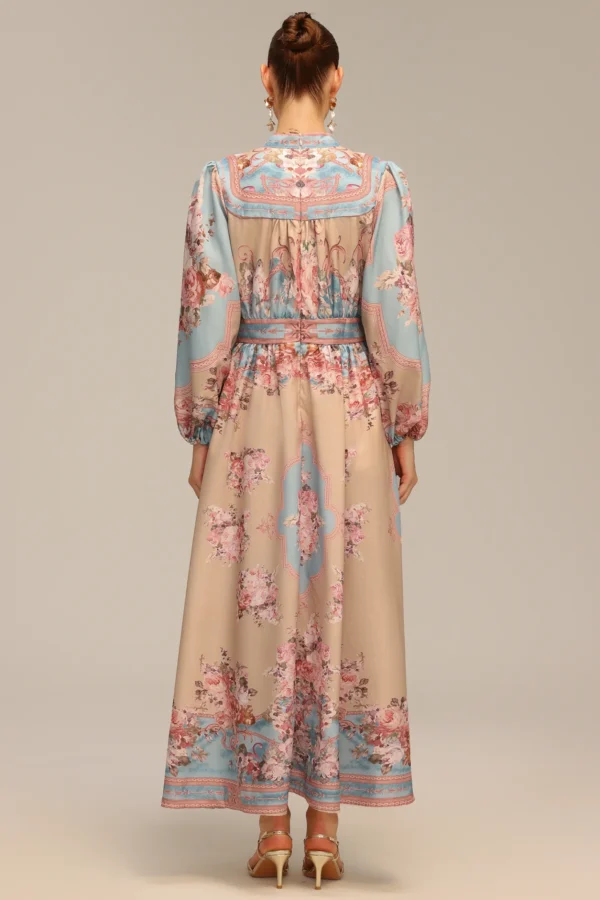 Robe longue fluide imprimé floral pastel – élégance bohème raffinée