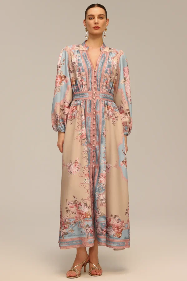 Robe longue fluide imprimé floral pastel – élégance bohème raffinée