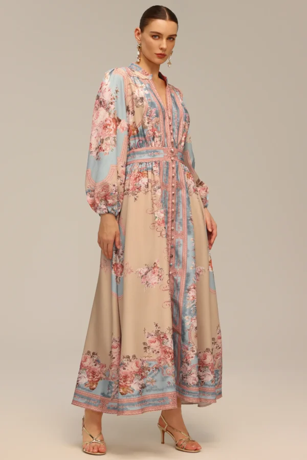 Robe longue fluide imprimé floral pastel – élégance bohème raffinée