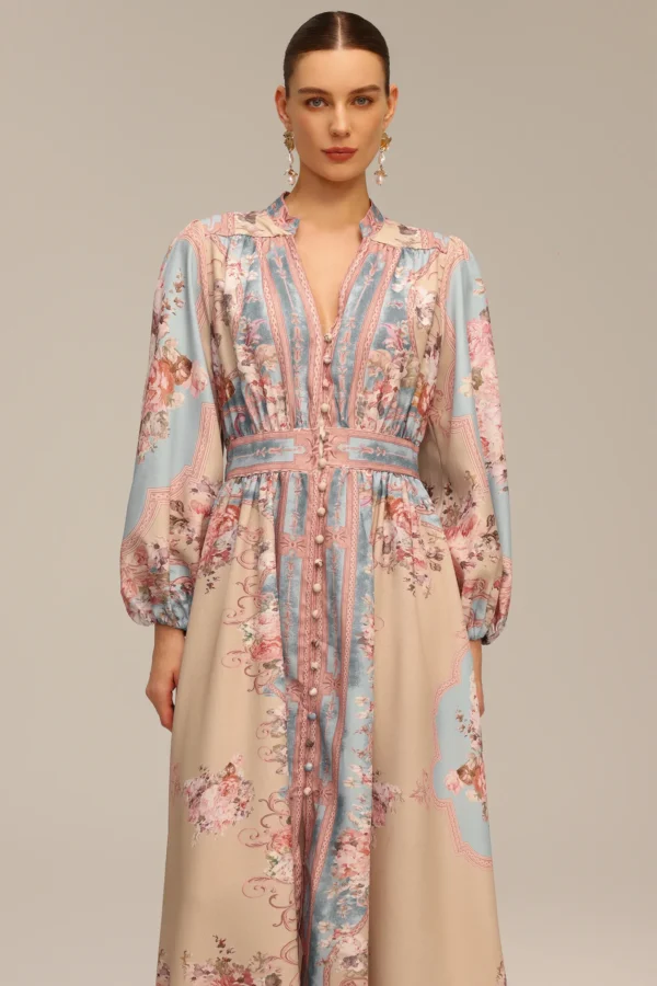 Robe longue fluide imprimé floral pastel – élégance bohème raffinée