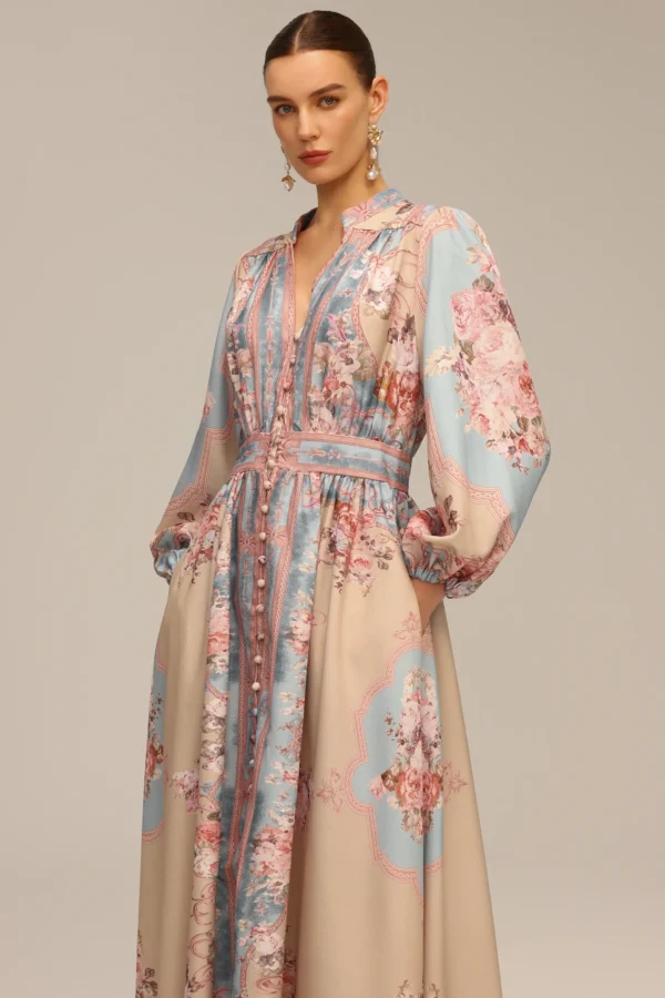 Robe longue fluide imprimé floral pastel – élégance bohème raffinée
