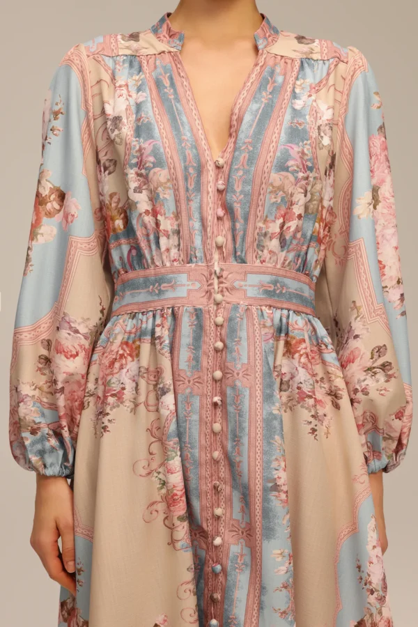 Robe longue fluide imprimé floral pastel – élégance bohème raffinée