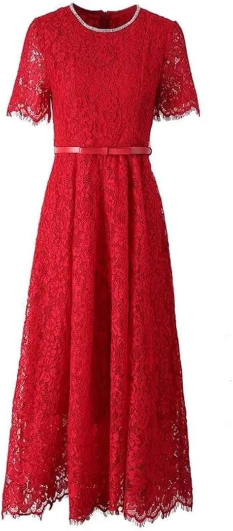 516dHyDTNPL._AC_SX466_ Robe midi en dentelle Rouge avec ceinture fine