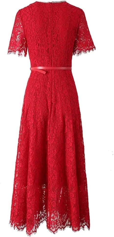 51tyxf7-5bL._AC_SX466_ Robe midi en dentelle Rouge avec ceinture fine