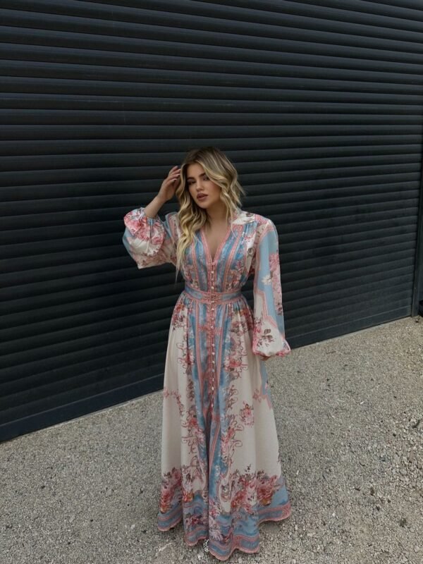 Robe longue fluide imprimé floral pastel – élégance bohème raffinée