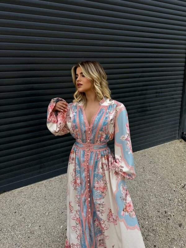 Robe longue fluide imprimé floral pastel – élégance bohème raffinée