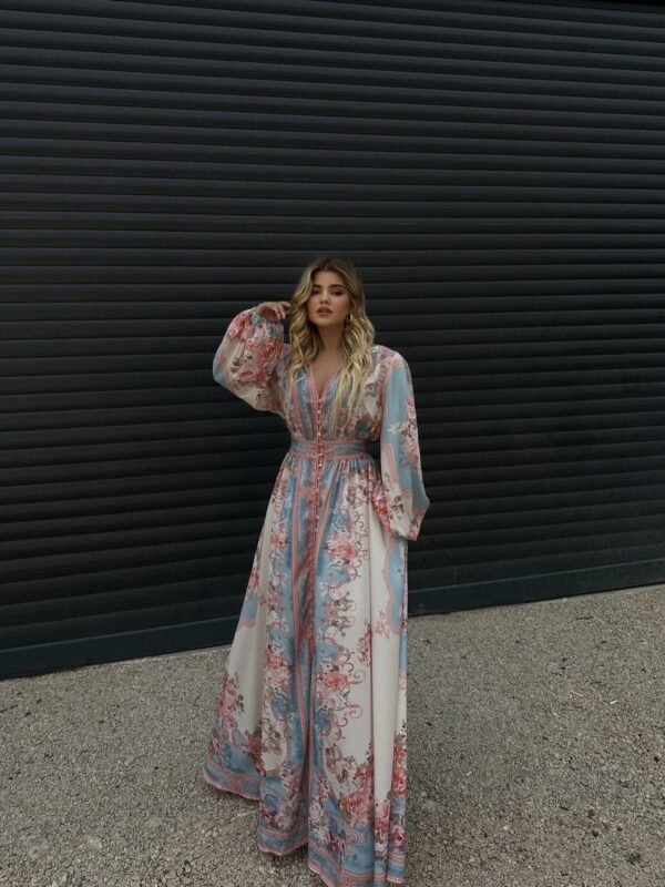 Robe longue fluide imprimé floral pastel – élégance bohème raffinée