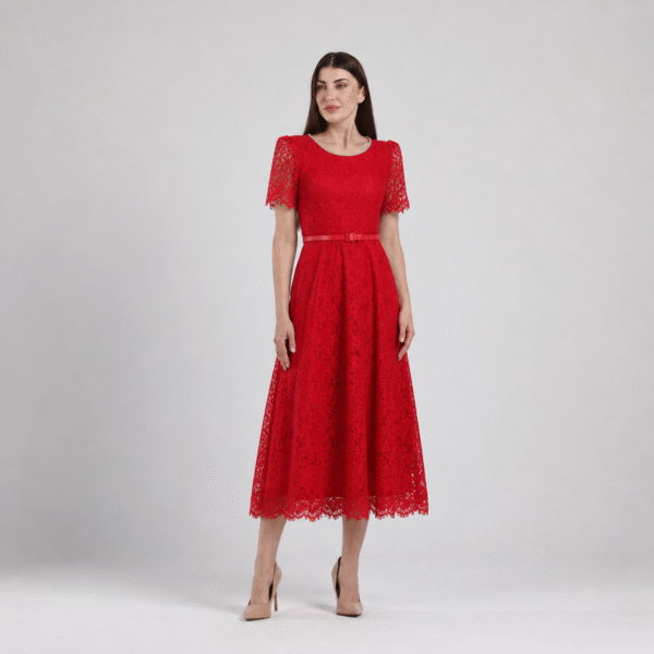 ChatGPT Image 5 mai 2026, 12_42_33 Robe midi en dentelle Rouge avec ceinture fine